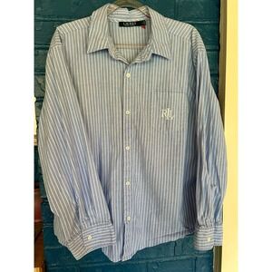 Lauren Ralph Lauren Striped Dress Shirt‎ RL Monogrammed Pocket Blue White